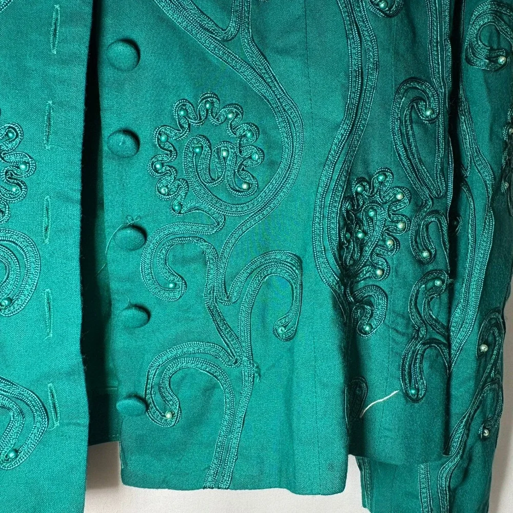 Vintage Marie St Claire Emerald Green Beaded Soutache Evening Jacket Womens 12
